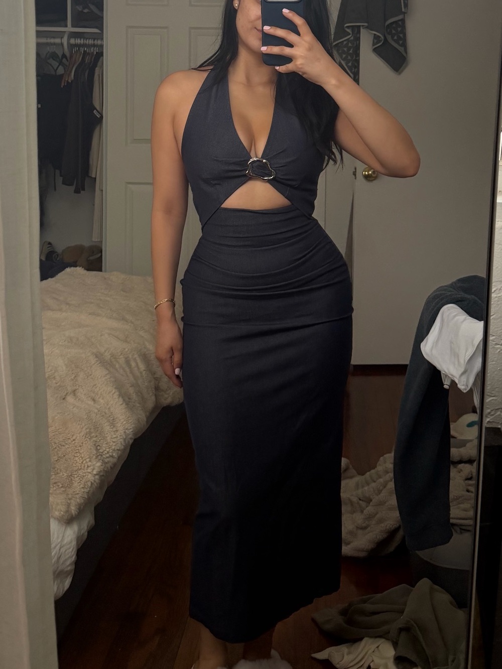 Zara Denim Cutout Halter Midi Slit Dress